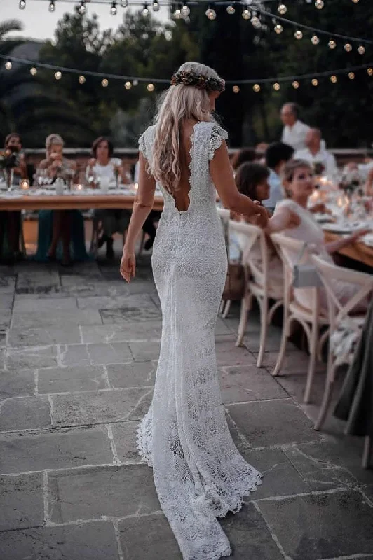 Vintage Backless Lace Boho Mermaid Wedding Dresses Cap Sleeve Bohemian Bridal Gowns W1060 Classic Lace Gown