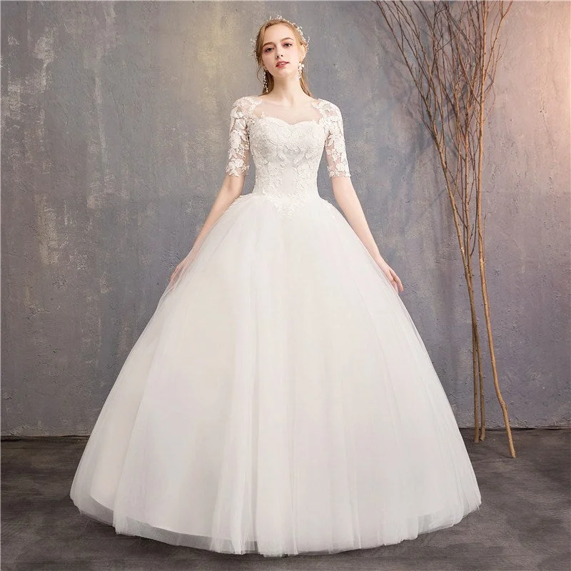 Wedding Dress Half Cap Sleeve Princess Illusion Wedding Dresses Sexy Lace Gown