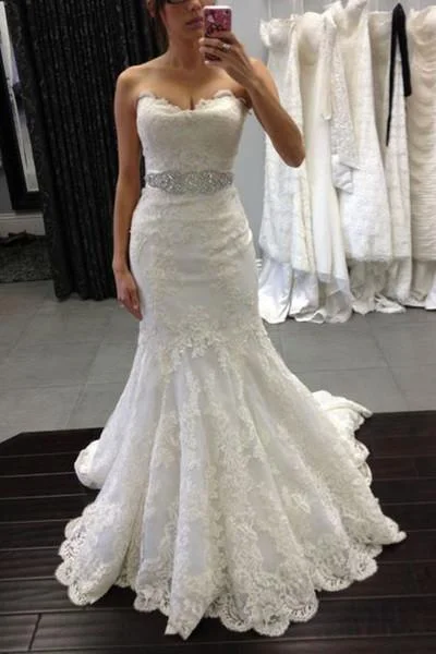 White lace sweetheart sequins mermaid floor length prom dress Wedding Dresses WK380 Sparkle Bridal Dress