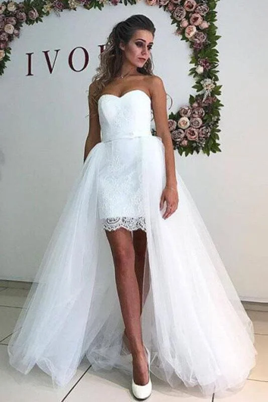 White Tulle Sweetheart Strapless Mermaid Wedding Dresses with Lace Detachable Train W1049 Classic Bridal Gown