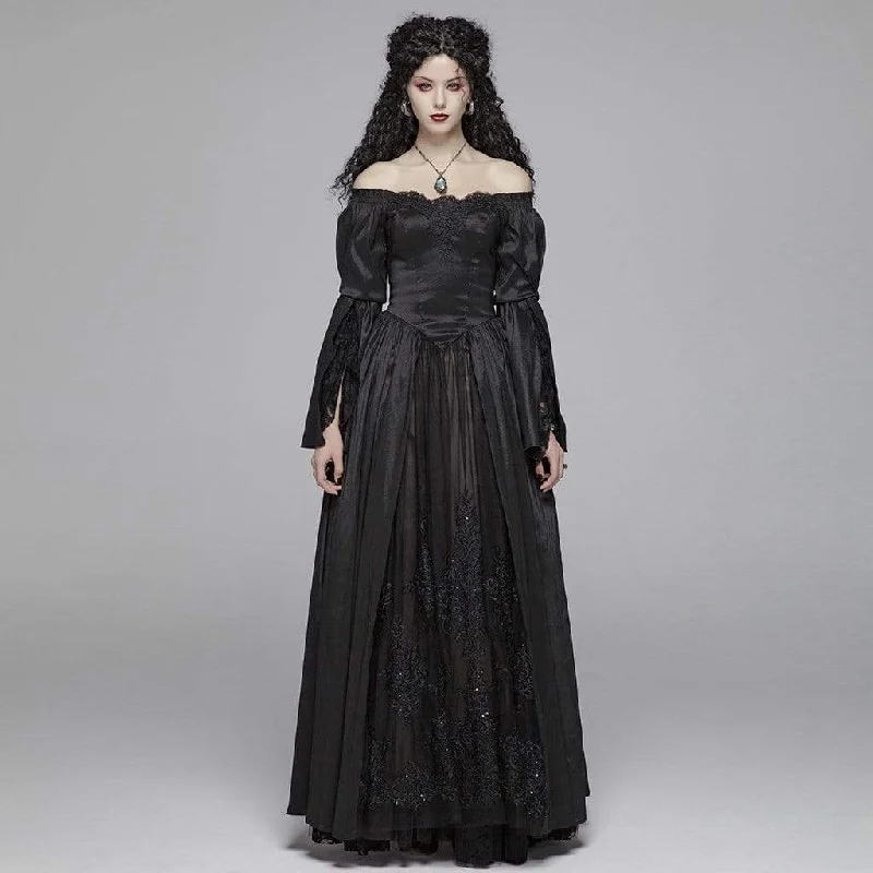 Women's Goth Off Shoulder Floral Lace Maxi Gown Wedding Dress Modern Wedding Gown