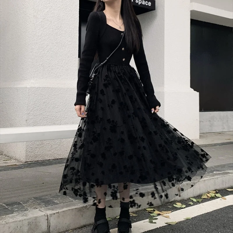 Back to College Gothic Black Dress Women Casual Vintage Knitted Midi Dress Party Elegant  Winter Y2k One Piece Dress Korean Fashion Outwear Anniversary midi dresses