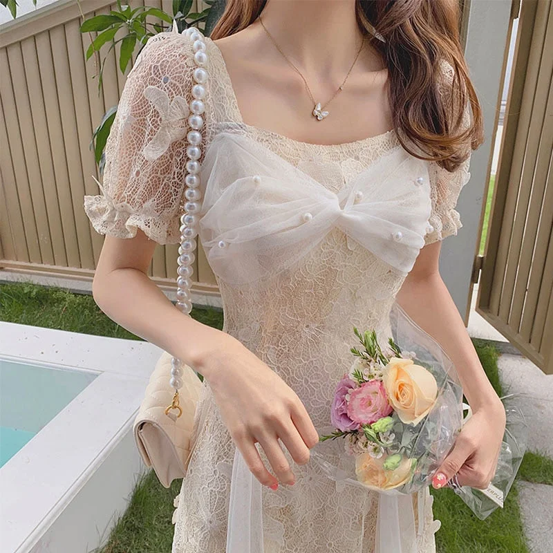 Back to College  Summer Lace Elegant Dresses Women Square Collar Short Sleeve Vintage Midi Dress Female Party One Piece Dress Korean Sexy Best midi dresses for plus size