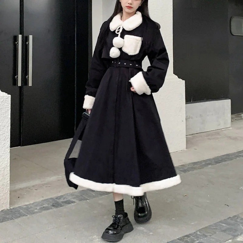 Back to College  Winter Gothic Faux Fur Black Dress Vintage Women Casual Slim Outwear Y2k Trench Midi Dress Party Lady One Piece Dress Korea Wrap midi dresses