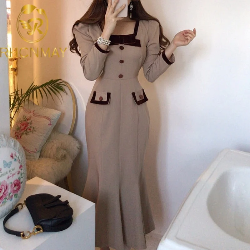 Christmas Gift Elegant Dress Women Casual Office Lady Midi Dress Chic Square Collar Long Sleeve Sexy Party Mermaid Dress Korean  Autumn Beach midi dresses