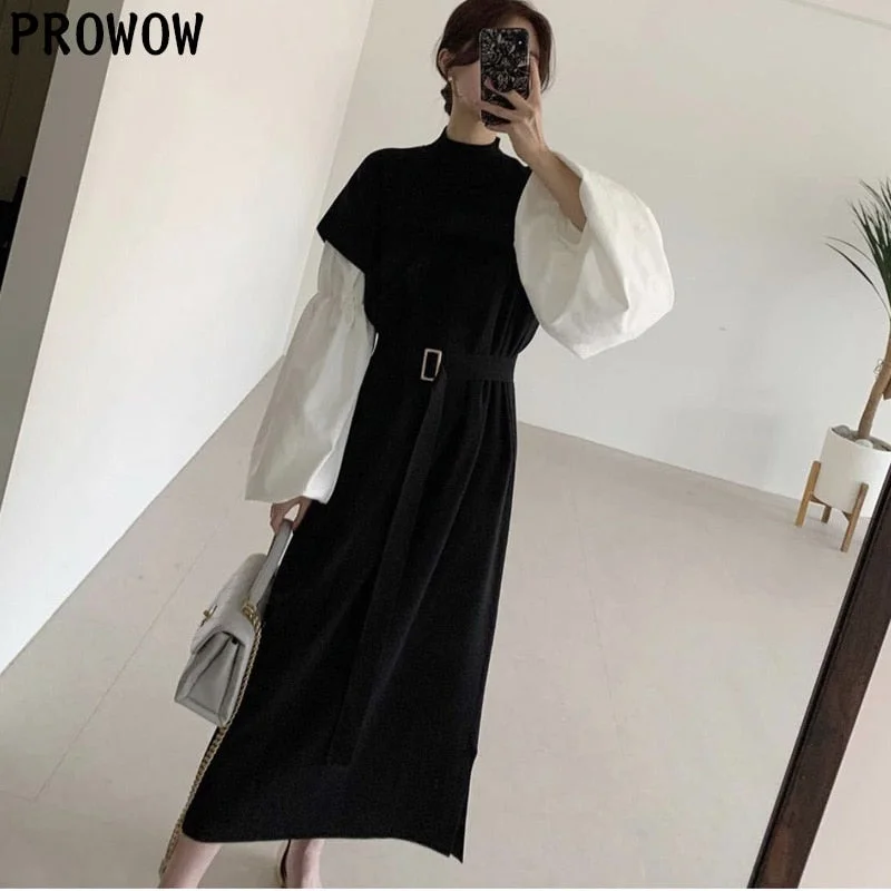 Christmas Gift French Retro Sweet Sweater Dress  New Autumn Lantern Sleeve Korean Loose Office Knitted Dress Woman One Piece Midi Dresses Sexy little black midi dresses