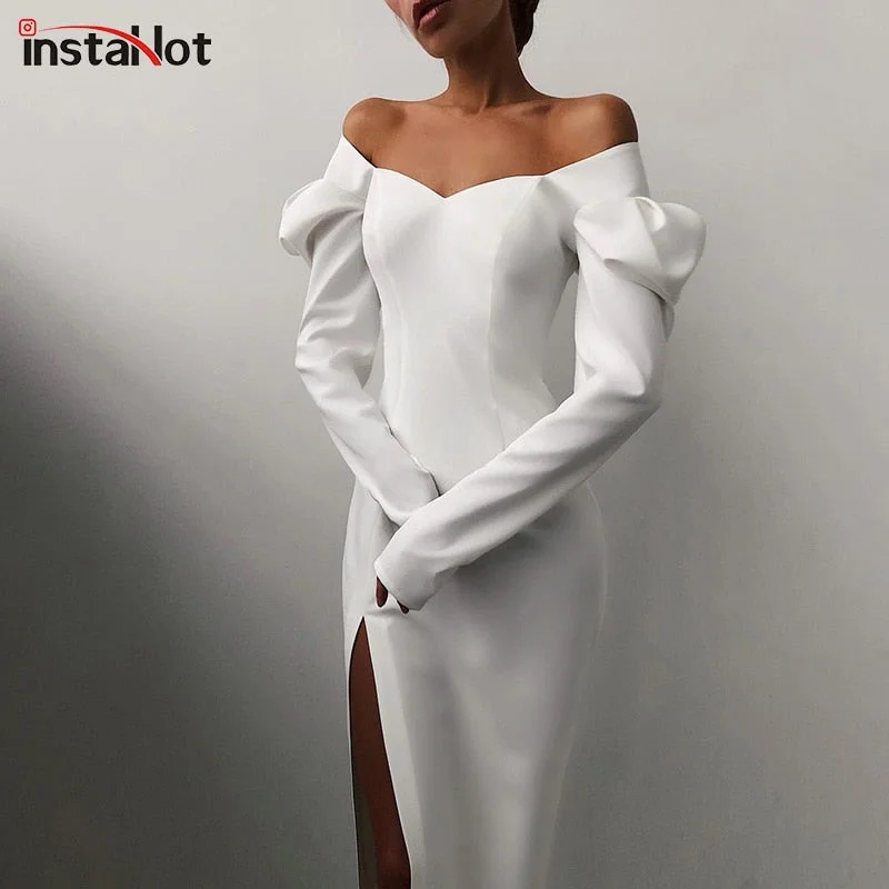 Christmas Gift InstaHot Elegant Party Split Side Dress Puff Sleev Mid-Calf Long Sleeve Office Lady Midi Dress  Autumn Sexy Female Dresses Party midi dresses