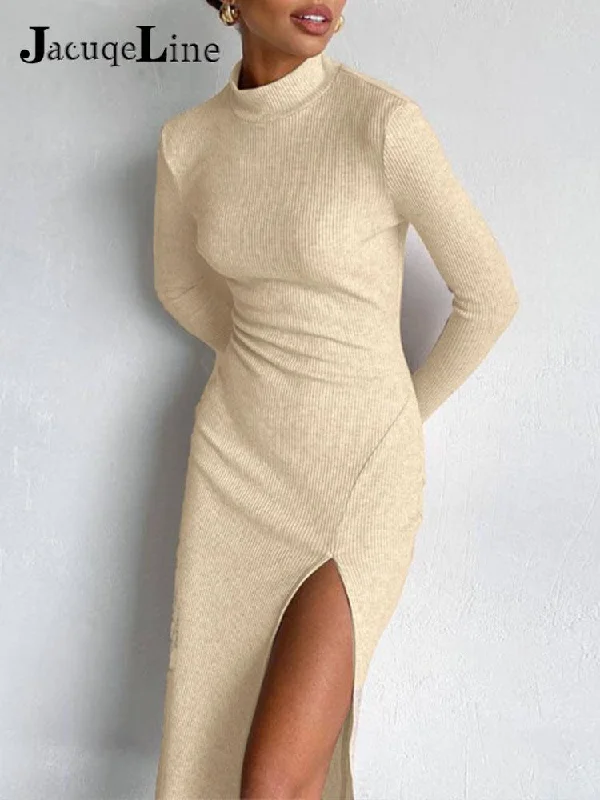 Christmas Gift Jacuqeline  Autumn Winter Turtleneck Ribbed Women Knitted Midi Dress Sexy Bodycon With Pads Basic Long Sleeve Split Dresses Silk midi dresses