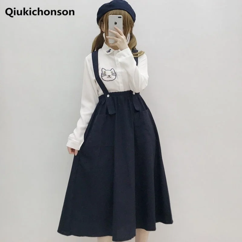 Christmas Gift Japanese Mori Girl Long Skirt Midi Women Summer Preppy Style Navy Blue Sundress With Two Pockets Students Cute Suspender Skirts Long sleeve midi dresses