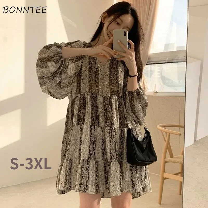 Christmas Gift Long Sleeve Dress Women Summer Vintage Print Oversize S-3XL Elegant Trendy Midi Leisure Boho Female Popular Tender Chic Vestidos Women's trendy midi dresses sale