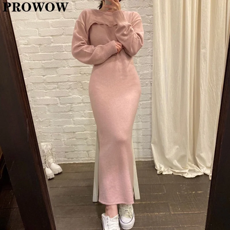 Christmas Gift Two Piece Knitted Dress Bodycon Midi Long Sleeve Sweater Dress New Autumn Winter Short Knitted Shawl Pullover Tops + Sling Dress Hot new arrivals in midi dresses