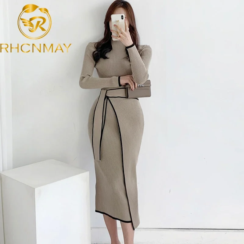 Christmas Gift Woman Dress With Belt Vintage Patchwork Slim Knitted Midi Dresses Women Autumn Winter Elegant Sweater Knit Dress  Vestidos Denim midi dresses