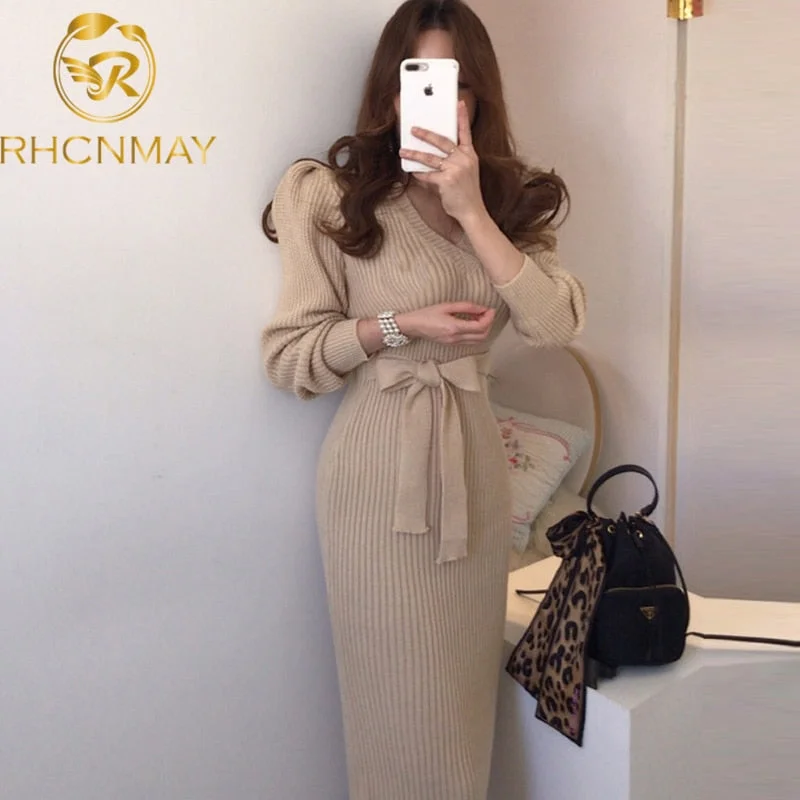 Christmas Gift Women Sweater Knit Dress  Winter Korean One-Piece Elegant Bag Hip Knitted Dress Pullover Knitted Sweater Dress Midi Dress Minimalist midi dresses