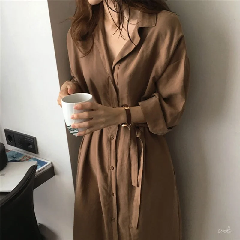 Christmas Gift Zoki Autumn Women Warp Dress Batwing Sleeve Fashion Belt Tunic Female Shirt Midi Dress Oversize  Loose Elegant Casual Dress Winter midi dresses