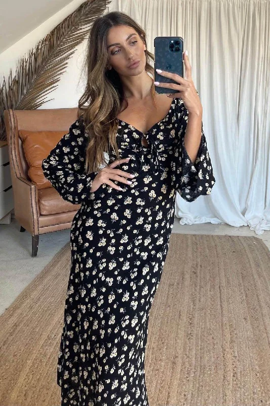 Fleur Dress - Black Daisy Off-shoulder midi dresses