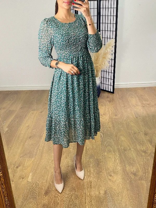 Jaylin Teal Floral Shirred Dress Preppy midi dresses