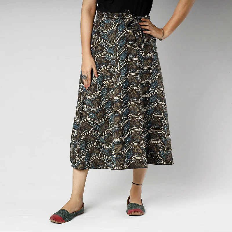 Brown - Ajrakh Block Printed Cotton Wrap Around Skirt Tiered unclassified skirts