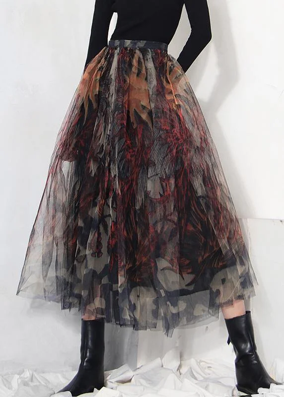 Fine Black Print Lace A Line Tulle Skirts Summer Color block unclassified skirts