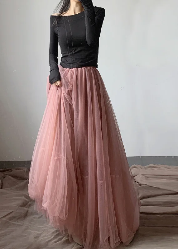 French Pink Asymmetrical wrinkled tulle Skirt Winter Knitted unclassified skirts