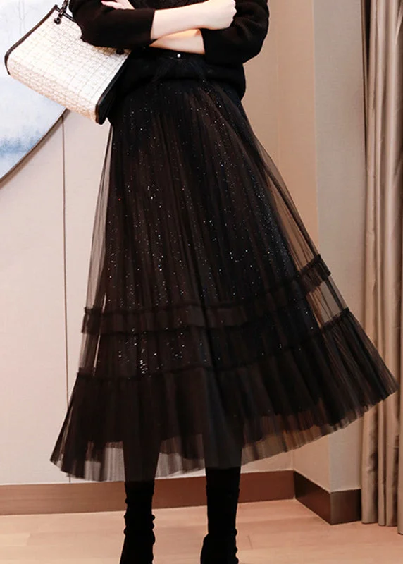 Natural Black Sequins Tulle Tiered Fall Skirt Dark color unclassified skirts