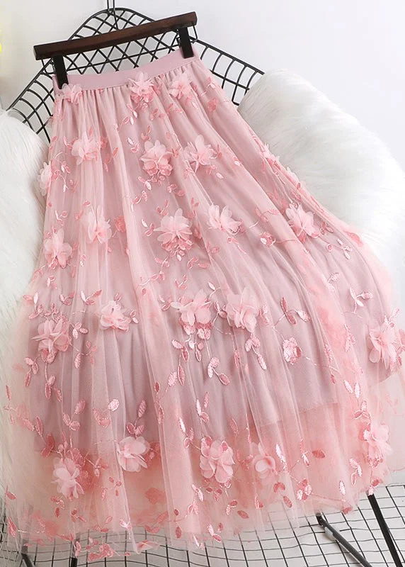 Natural Pink Embroideried Floral tulle Skirts Spring Club unclassified skirts