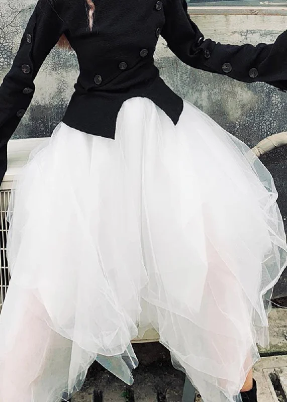 Organic White High Waist asymmetrical design Summer tulle Skirt Button-front unclassified skirts