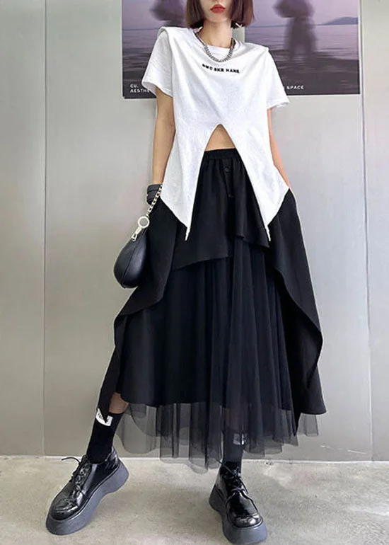 Streetwear Black elastic waist button Asymmetrical tulle Patchwork Skirts Spring Button-front unclassified skirts