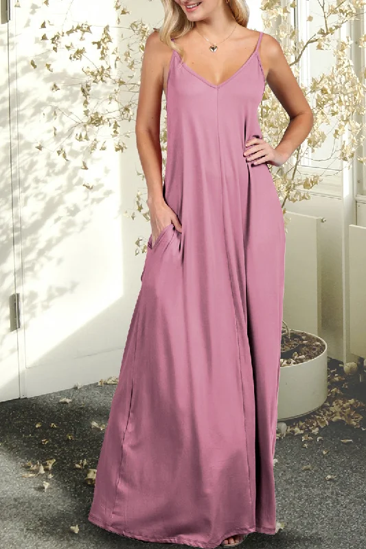 WOMENS SLEEVELESS CAMISOLE NECKLINE MAXI DRESS WITH SPAGHETTI STRAP AND 2 SIDE HAND POCKETS Expensive maxi dresses