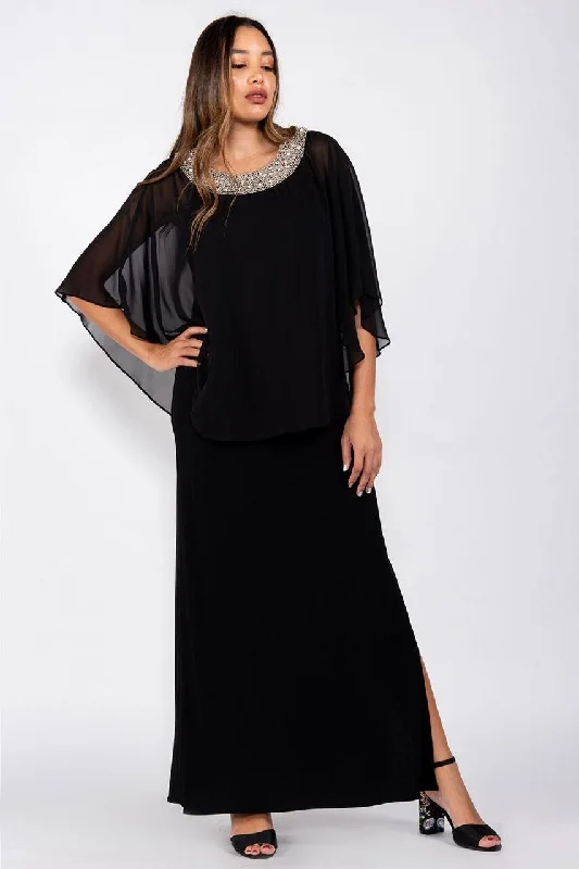 R&M Richards 2328 Long Formal Chiffon Cape Dress Black Silk maxi dresses