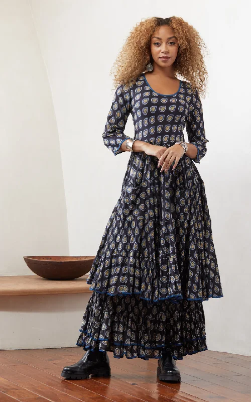 Santa Fe Dress, Long, 3/4 Sleeve, Raven Leaf Silk maxi dresses