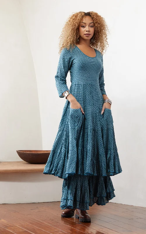 Santa Fe Dress, Long, 3/4 Sleeve, Teal Dot Wedding guest maxi dresses