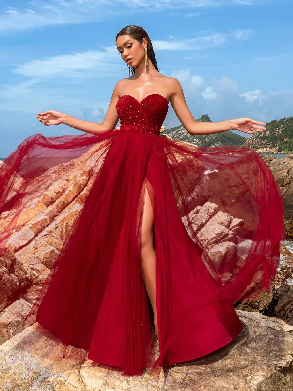 Elegant Strapless Split Thigh A-line Formal Evening Dress Dinner party dresses