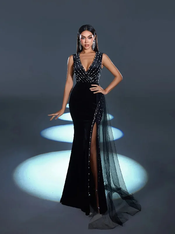 Gorgous Pearl Embellished Sleeveless Mermaid Hem Velvet Evening Dress Graduation party dresses