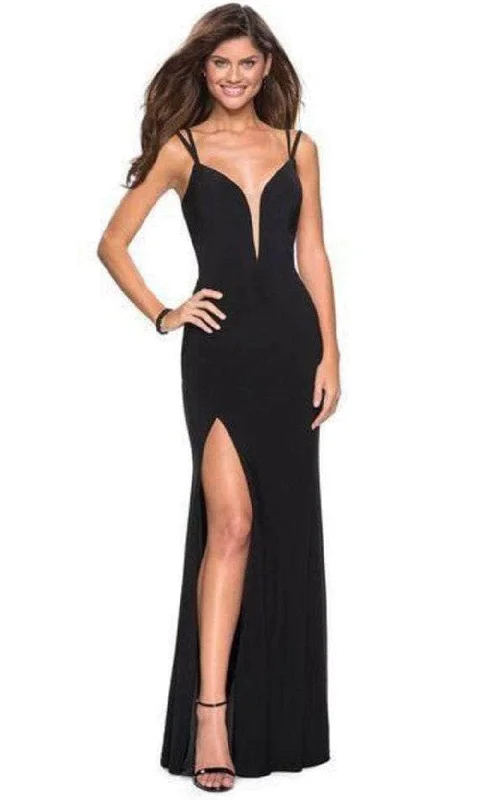 La Femme - 27072 Plunging Strappy Back High Slit Gown Best party dresses for curvy figures