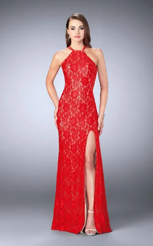 La Femme - 24293 Classic High Halter Lace Long Sheath Evening Gown Men's party outfits