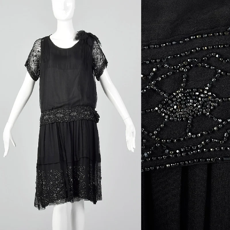 1920s Black Silk Chiffon Dress with Steel Beads Knitted unclassified dresses