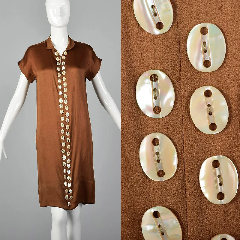 1920s Brown Silk Dress with Mother of Pearl Buttons Earthy tone unclassified dresses