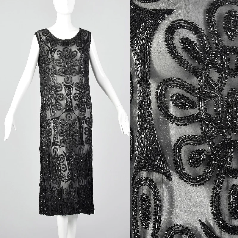 1920s Beaded Black Silk Dress with Celtic Style Knots Budget-friendly unclassified dresses