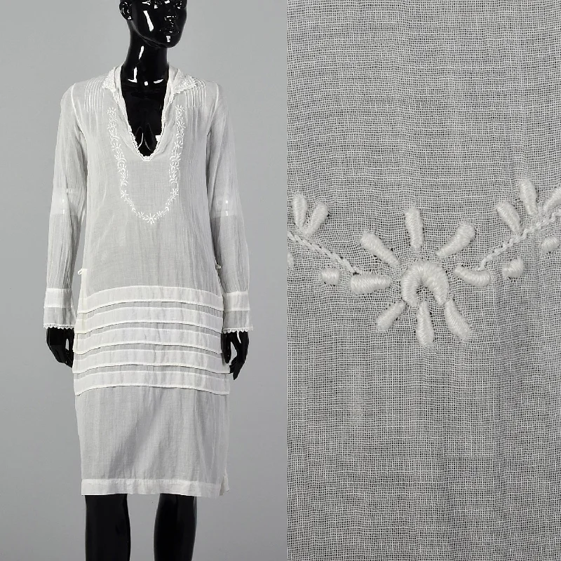 1920s Sheer White Embroidered Cotton Dress Office unclassified dresses