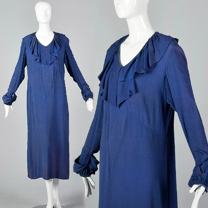 1930s Blue Dress with Ruffle Neckline Lace unclassified dresses