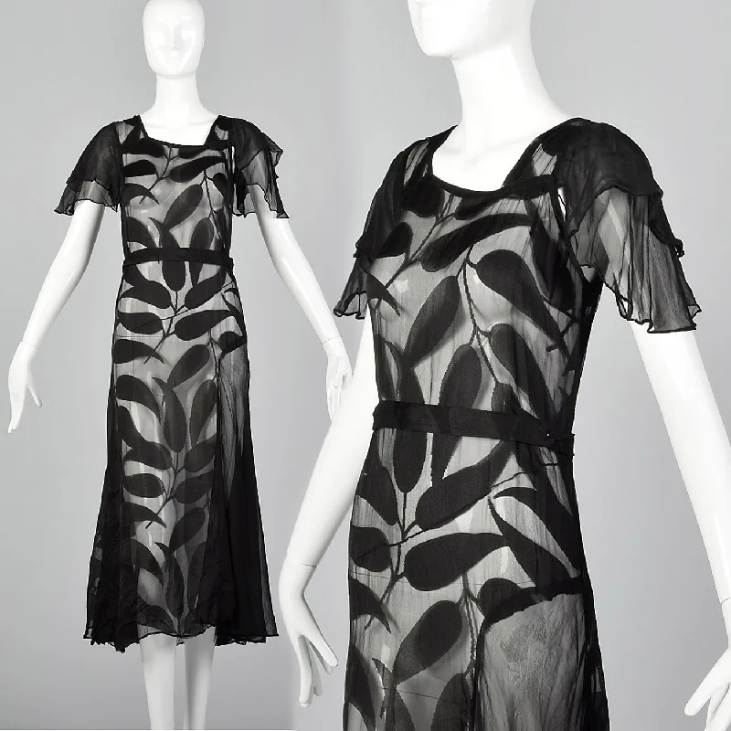 1930s Sheer Black Silk Dress with Abstract Leaf Design Ruched unclassified dresses