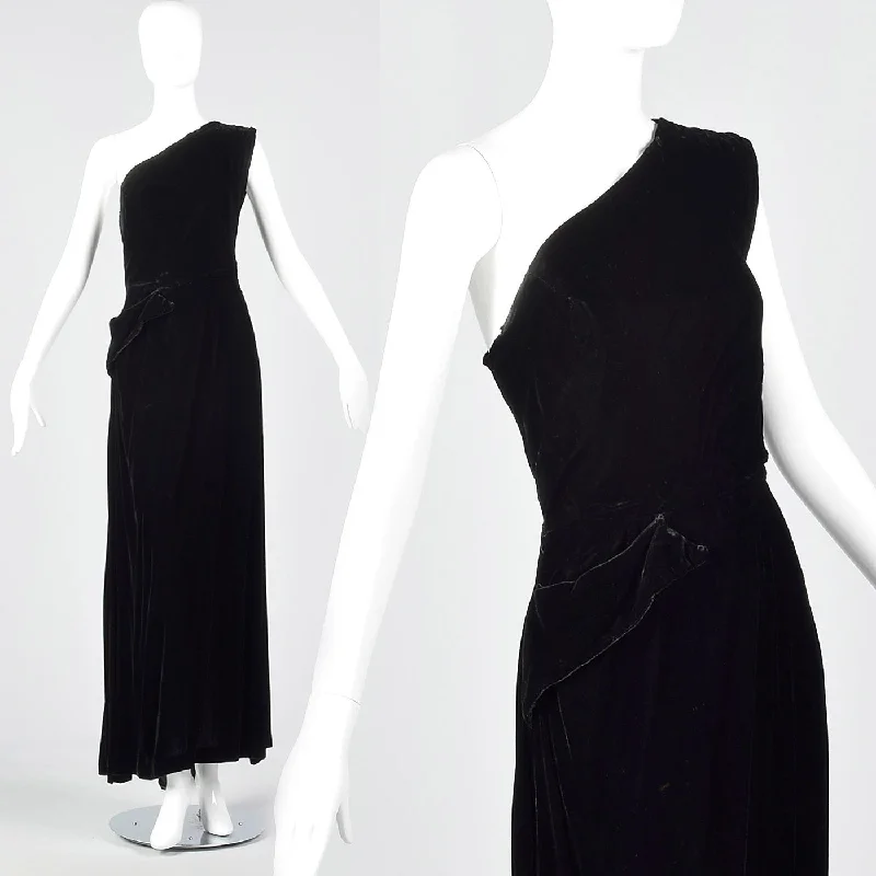 1940s Asymmetric Black Silk Velvet Dress Office unclassified dresses