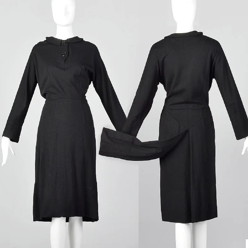 1940s Black Knit Dress with Tails Ruched unclassified dresses