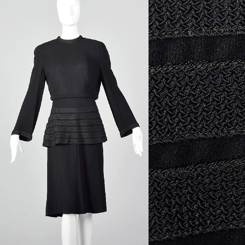 1940s Black Peplum Dress with Woven Stripe Trim Mesh unclassified dresses