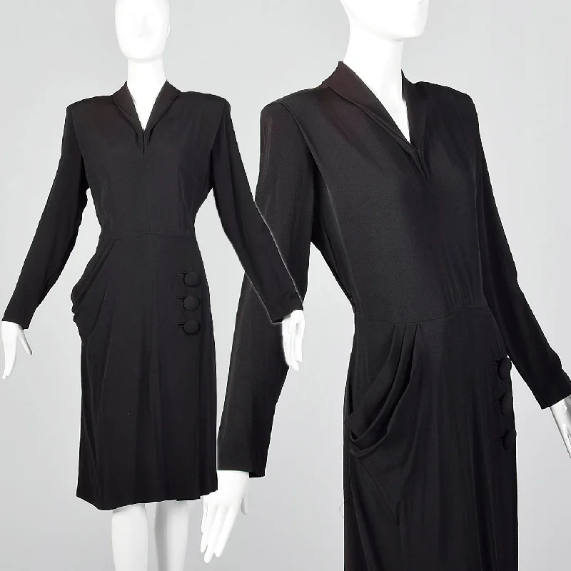 1940s Black Rayon Dress with Draped Hip Pocket Short unclassified dresses