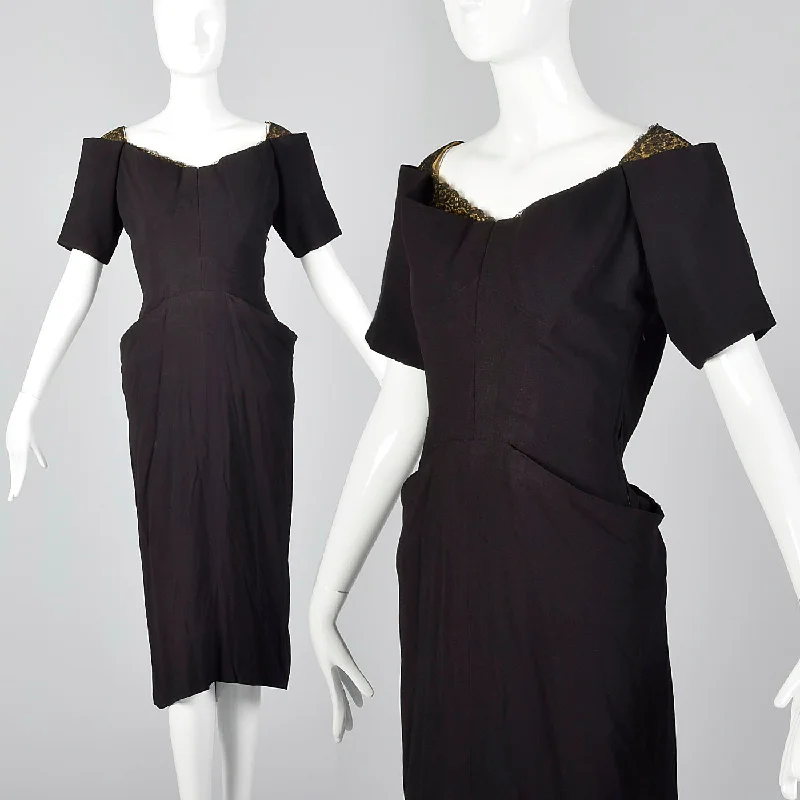 1940s Black Rayon Dress with Gold Trim Metallic unclassified dresses