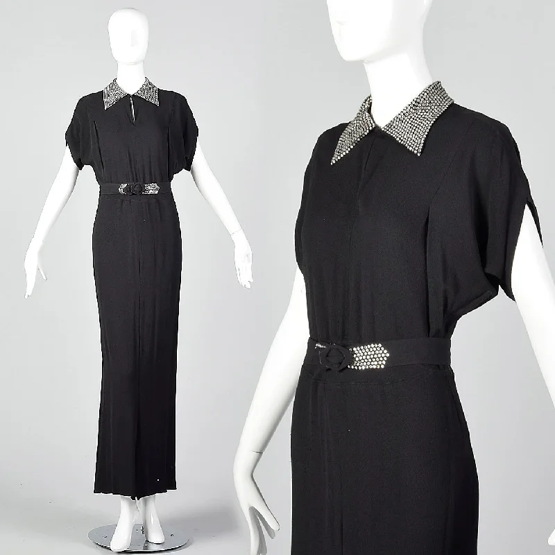 1940s Black Rayon Dress with Rhinestone Collar Trendy new unclassified dresses