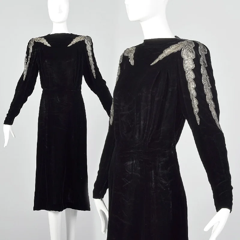 1940s Black Velvet Dress with Sheer Sleeve Design Minimalist unclassified dresses