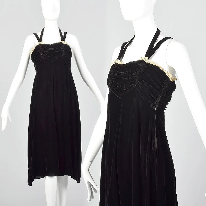 1940s Black Velvet Halter Dress with Ruched Bodice Short unclassified dresses