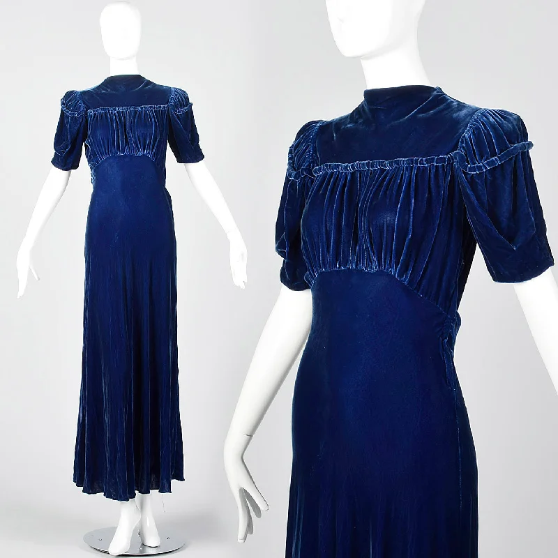 1940s Blue Silk Velvet Gown with Gathered Bust Flowy unclassified dresses